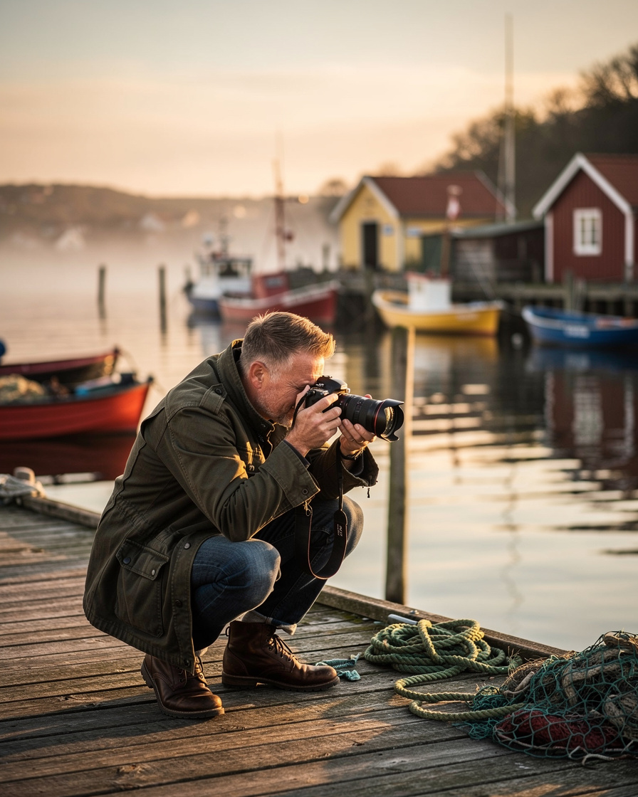 Photographer taking pictures in a Danish fishing village at sunset