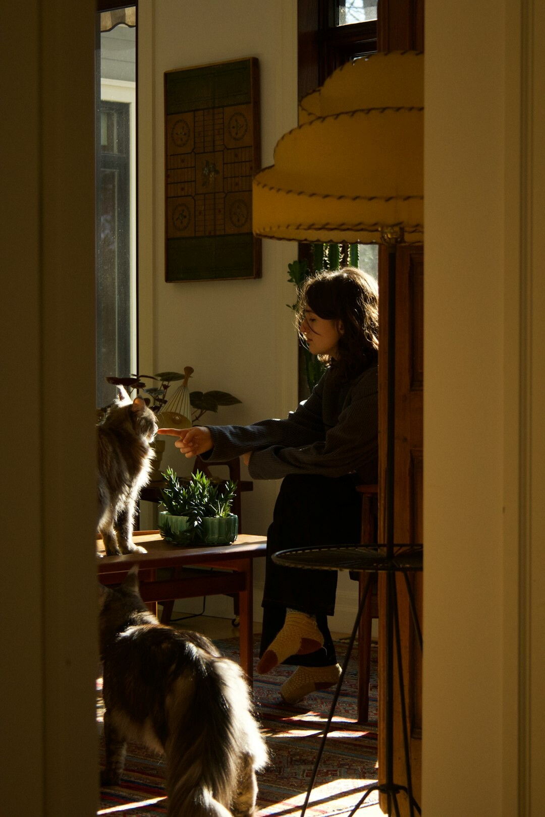 Photographer interviewing a local resident in a cozy living room